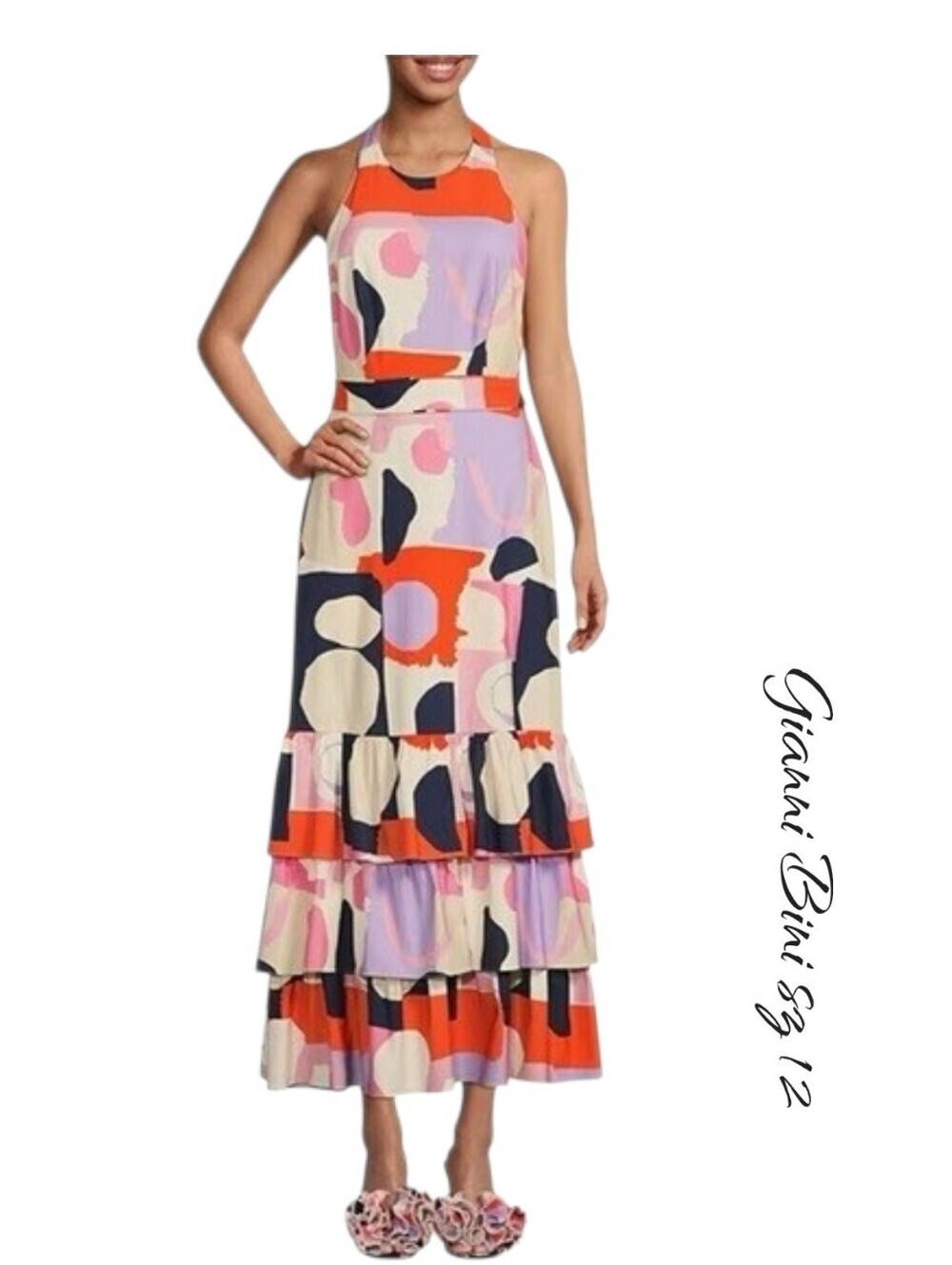 Gianni Bini x Venita Aspen Andrea Abstract Print Maxi Dress Sateen Halter Sz 12